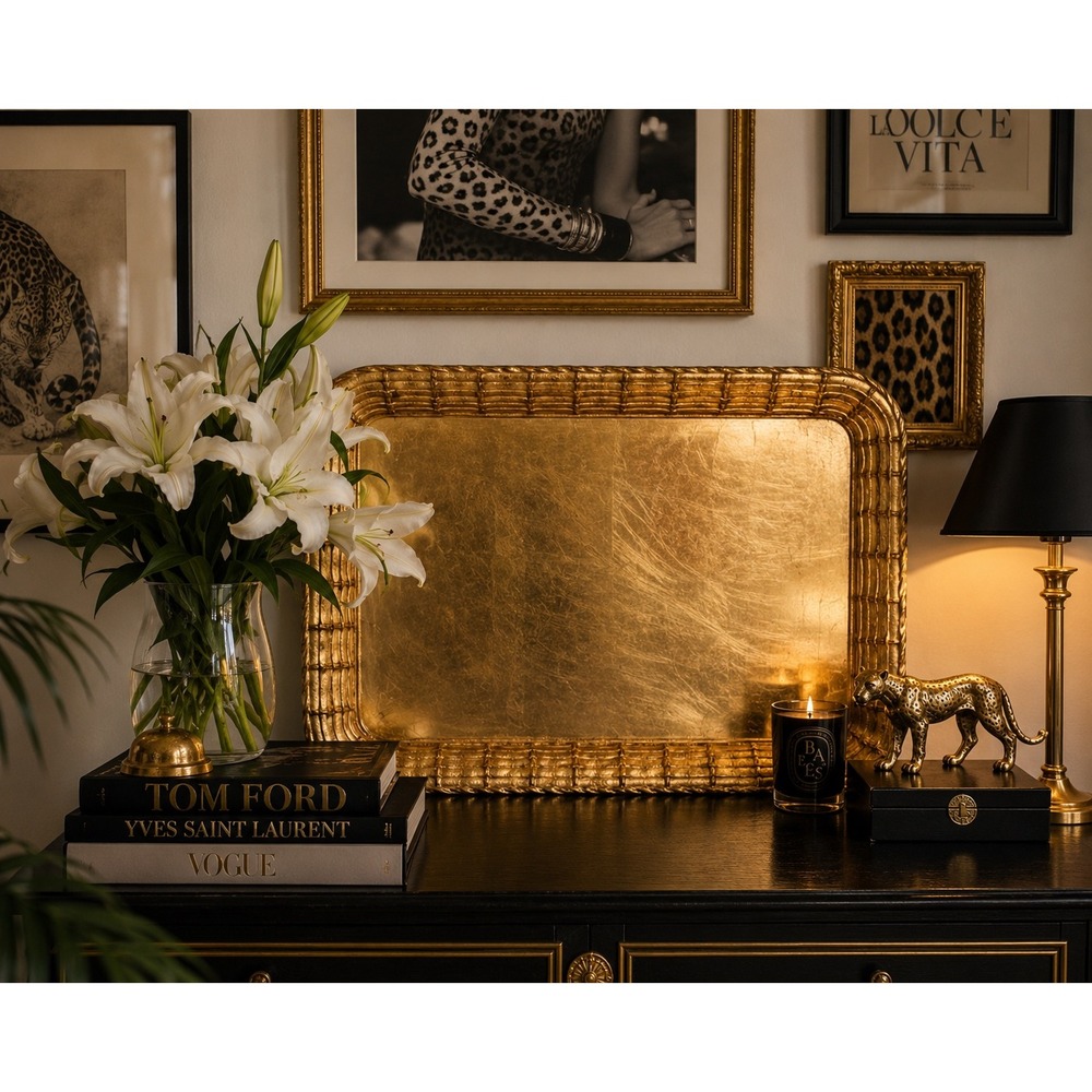 Vietri Serving Tray Large Good Italian Faux Bamboo Gold Leaf Gilt Serving Tray